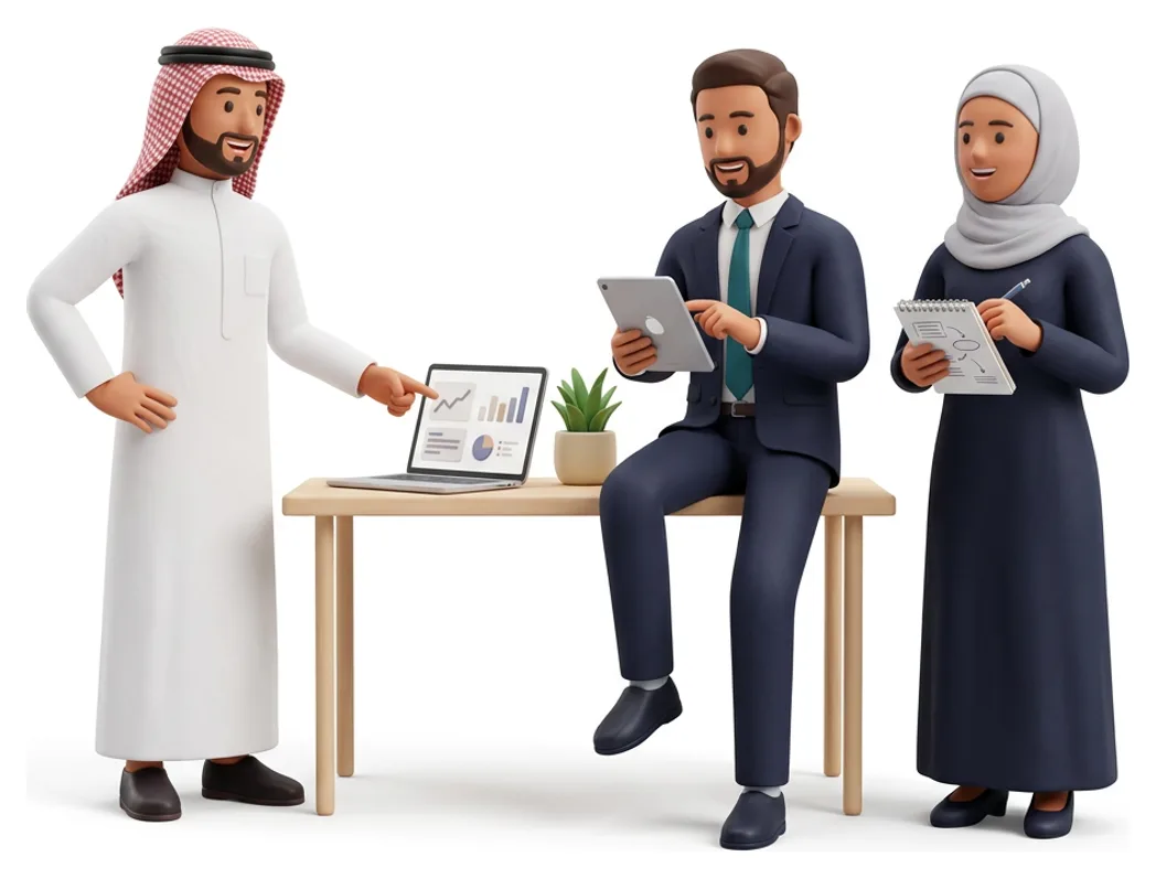 فريق كوربليكس: رجل بالثوب والشماغ، ورجل ببدلة رسمية، وامرأة بالعباءة يعملون معًا حول حاسوب محمول